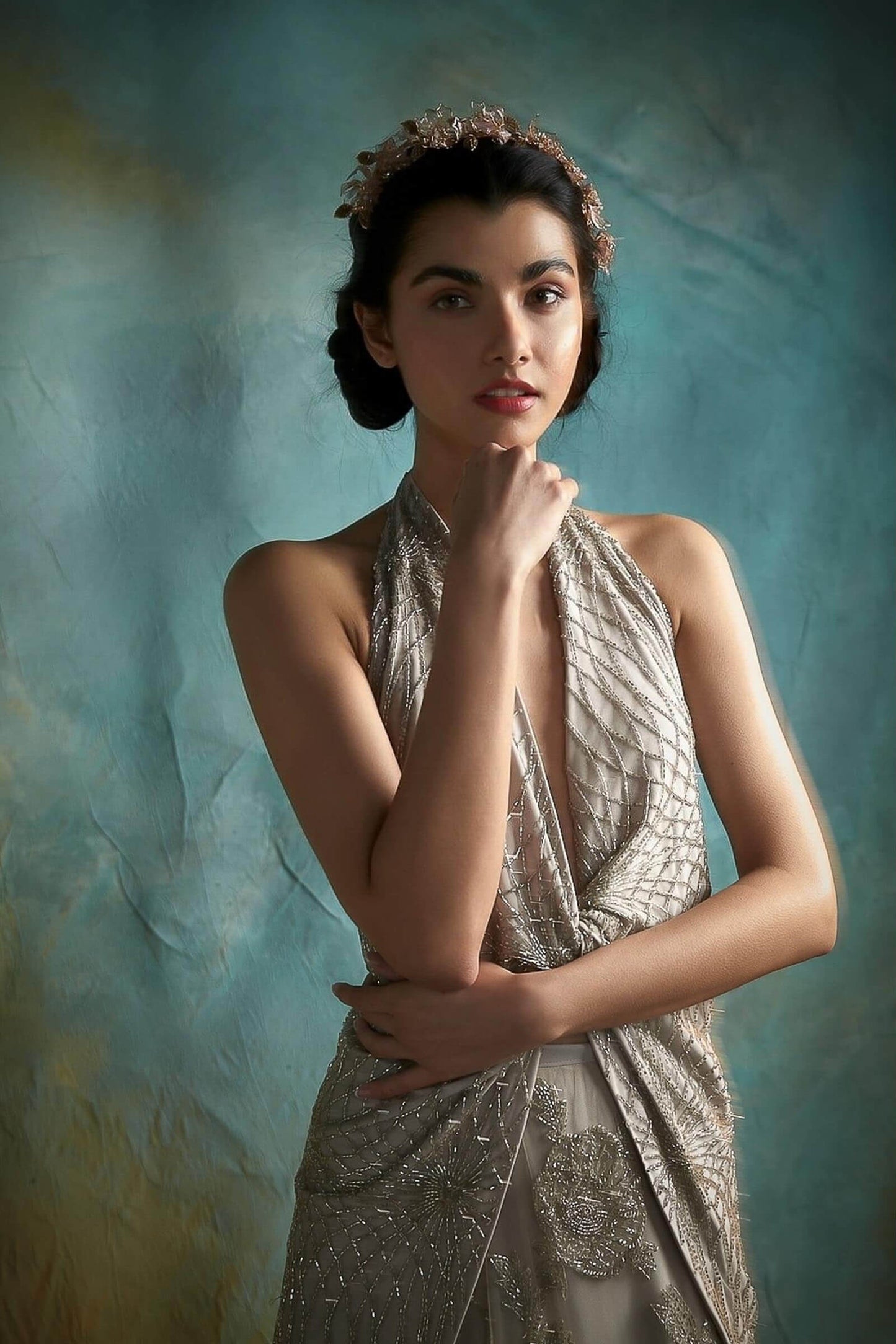 Tulle lehenga with halter knotted top (Grey)
