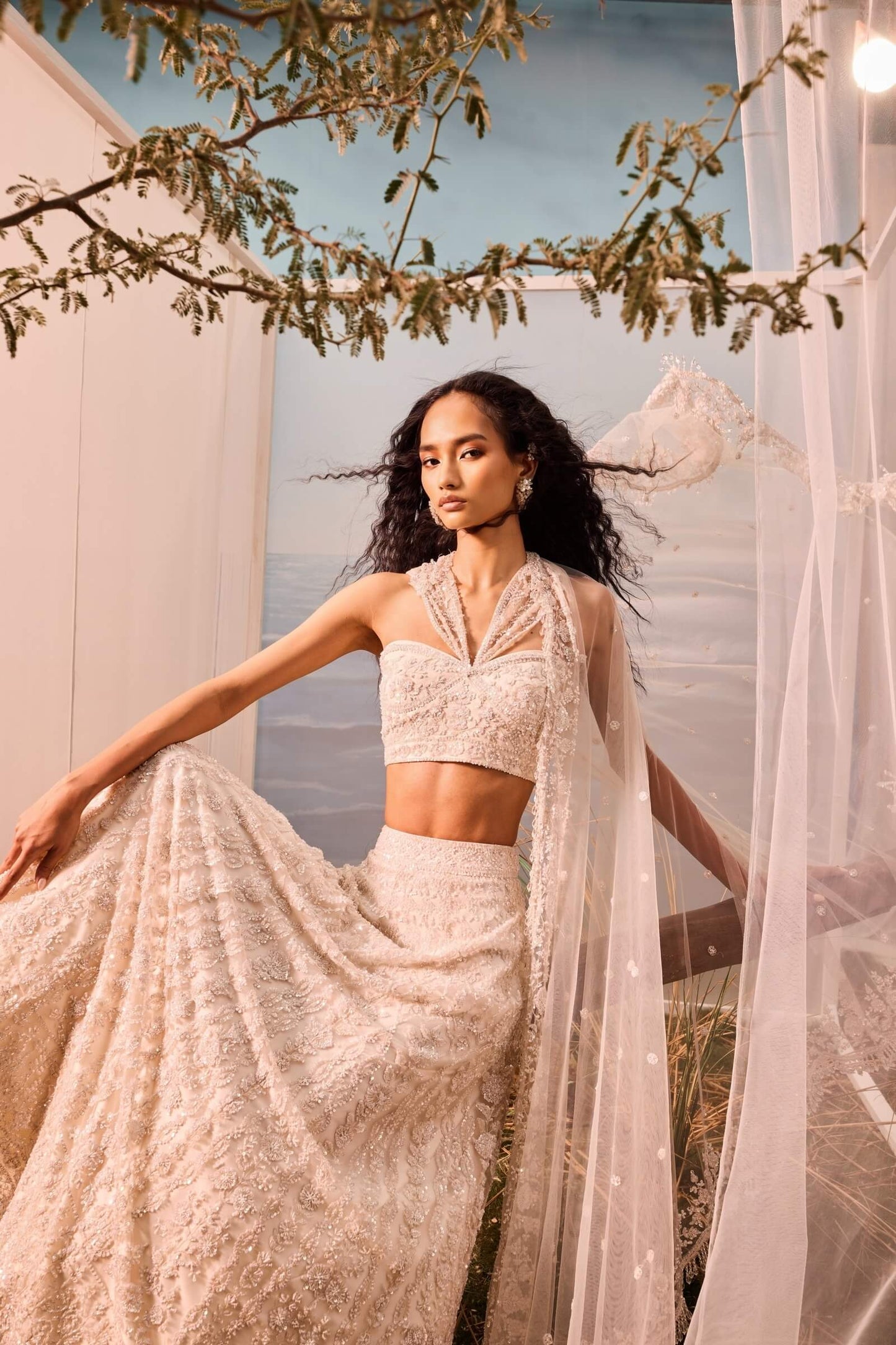 Ivory Thread Work Lehenga With Corset Blouse And Dupatta