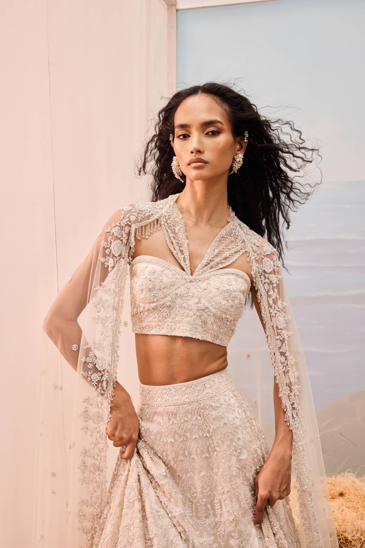 Ivory Thread Work Lehenga With Corset Blouse And Dupatta