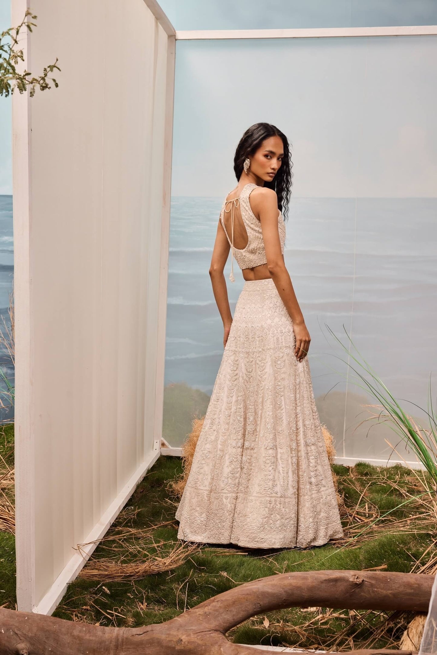 Ivory Thread Work Lehenga With Corset Blouse And Dupatta