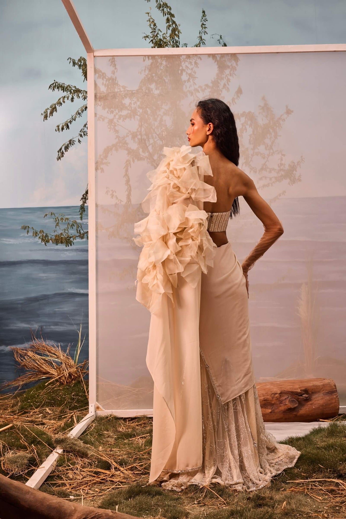 Champagne Kali Sari With Organza Flowers And Corset Blouse