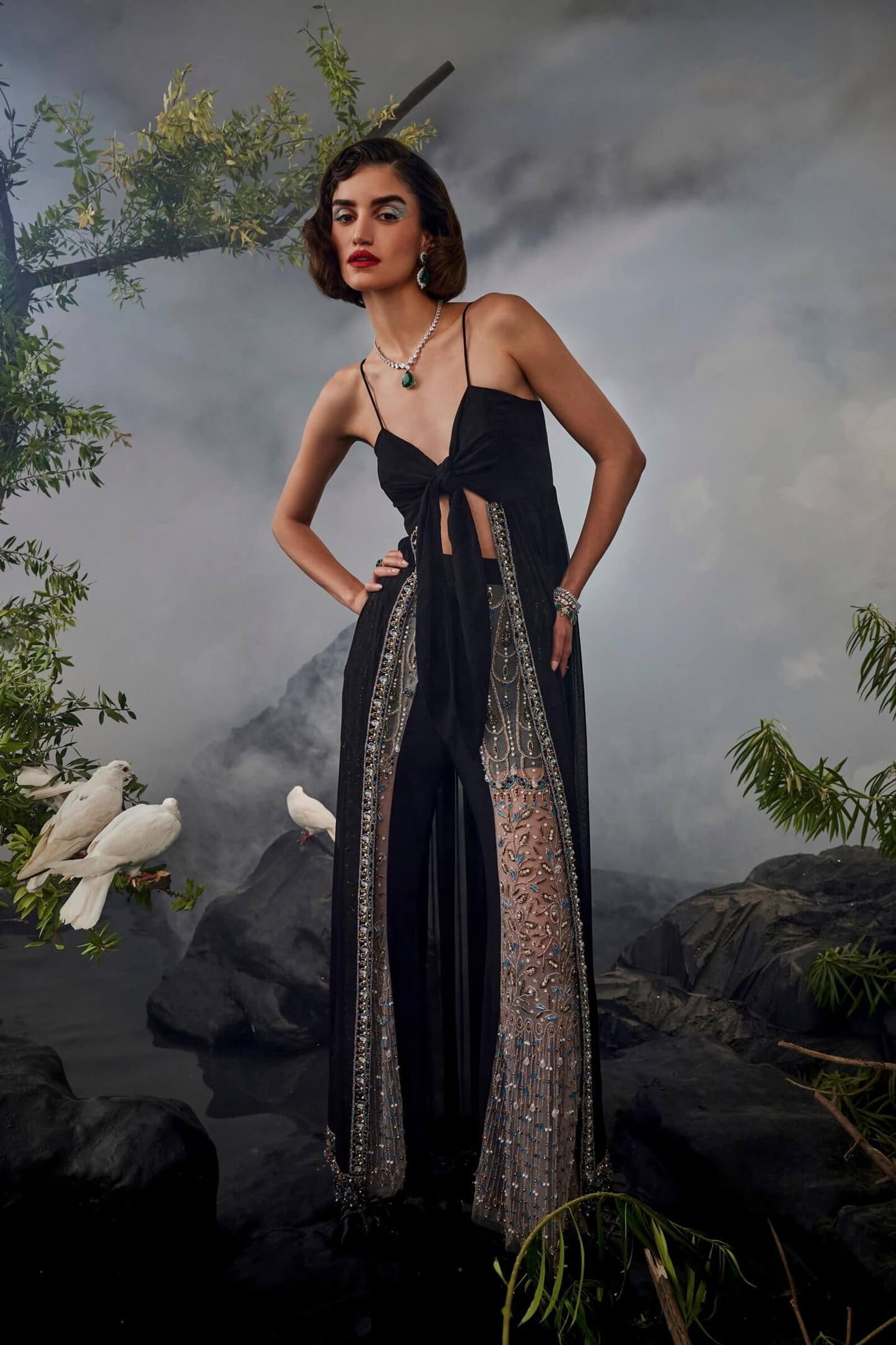 Tie Up Tunic With Sheer Panel Pants