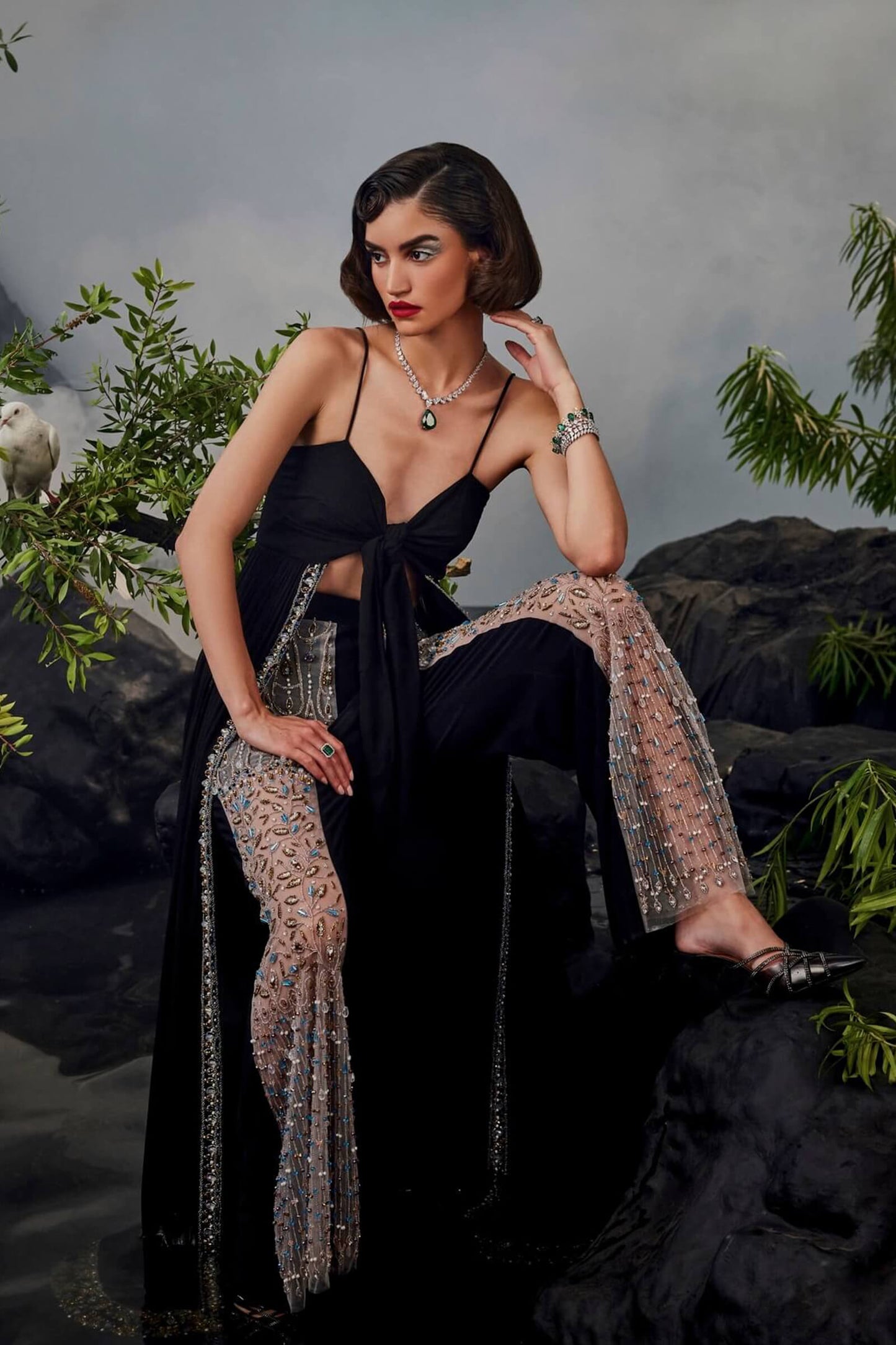 Tie Up Tunic With Sheer Panel Pants