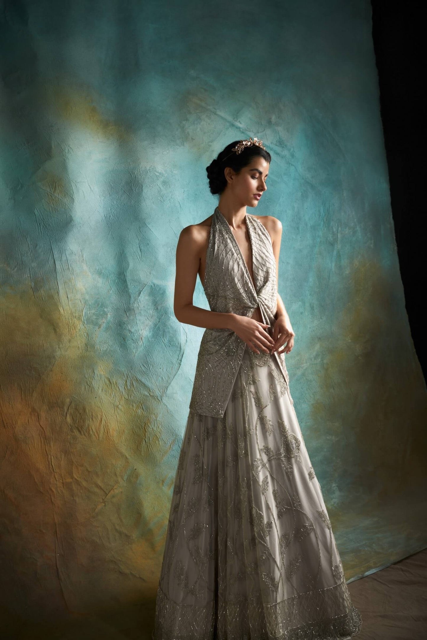 Tulle lehenga with halter knotted top (Grey)
