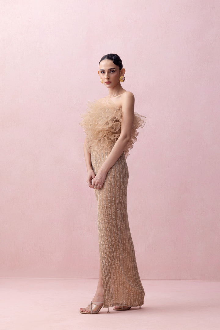 Peach Slit Skirt Skirt With Ruffle Poof Blouse