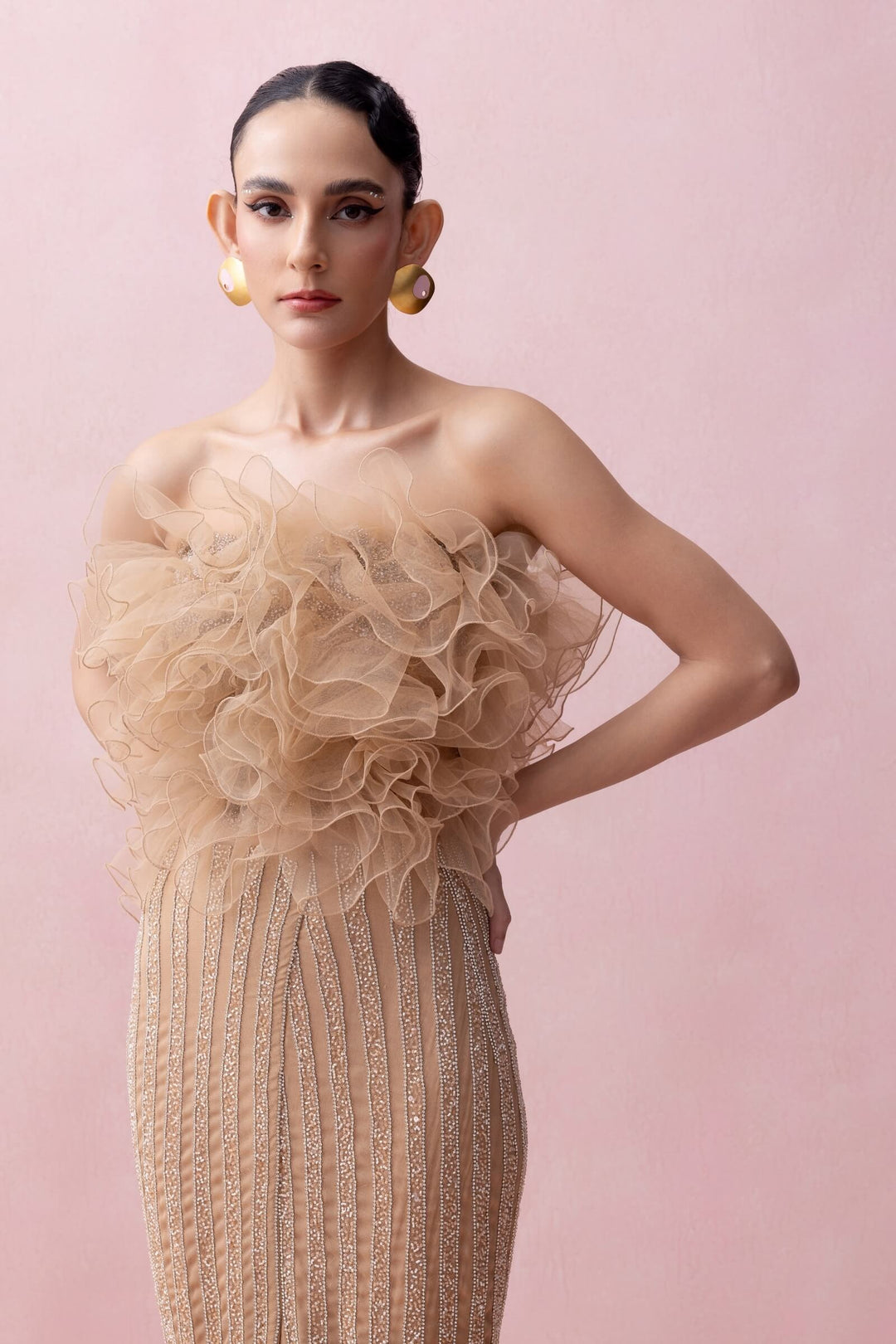 Peach Slit Skirt Skirt With Ruffle Poof Blouse