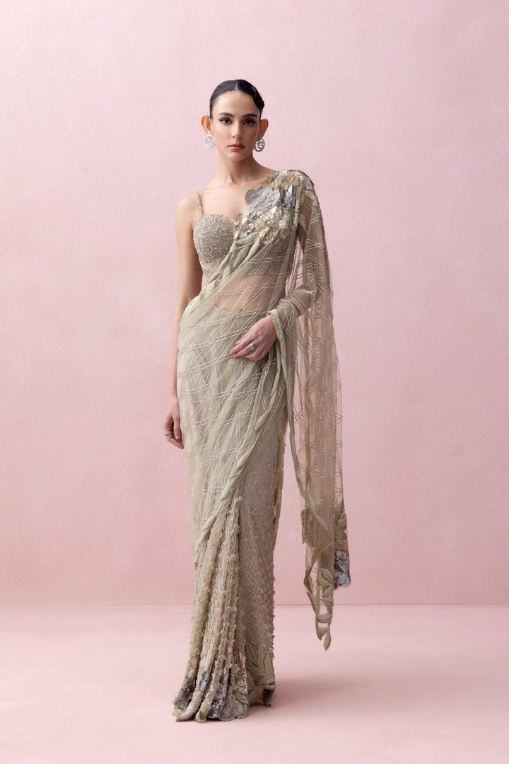 Sea Green Pre-stitched Saree With Rose Apllique And Corset Blouse
