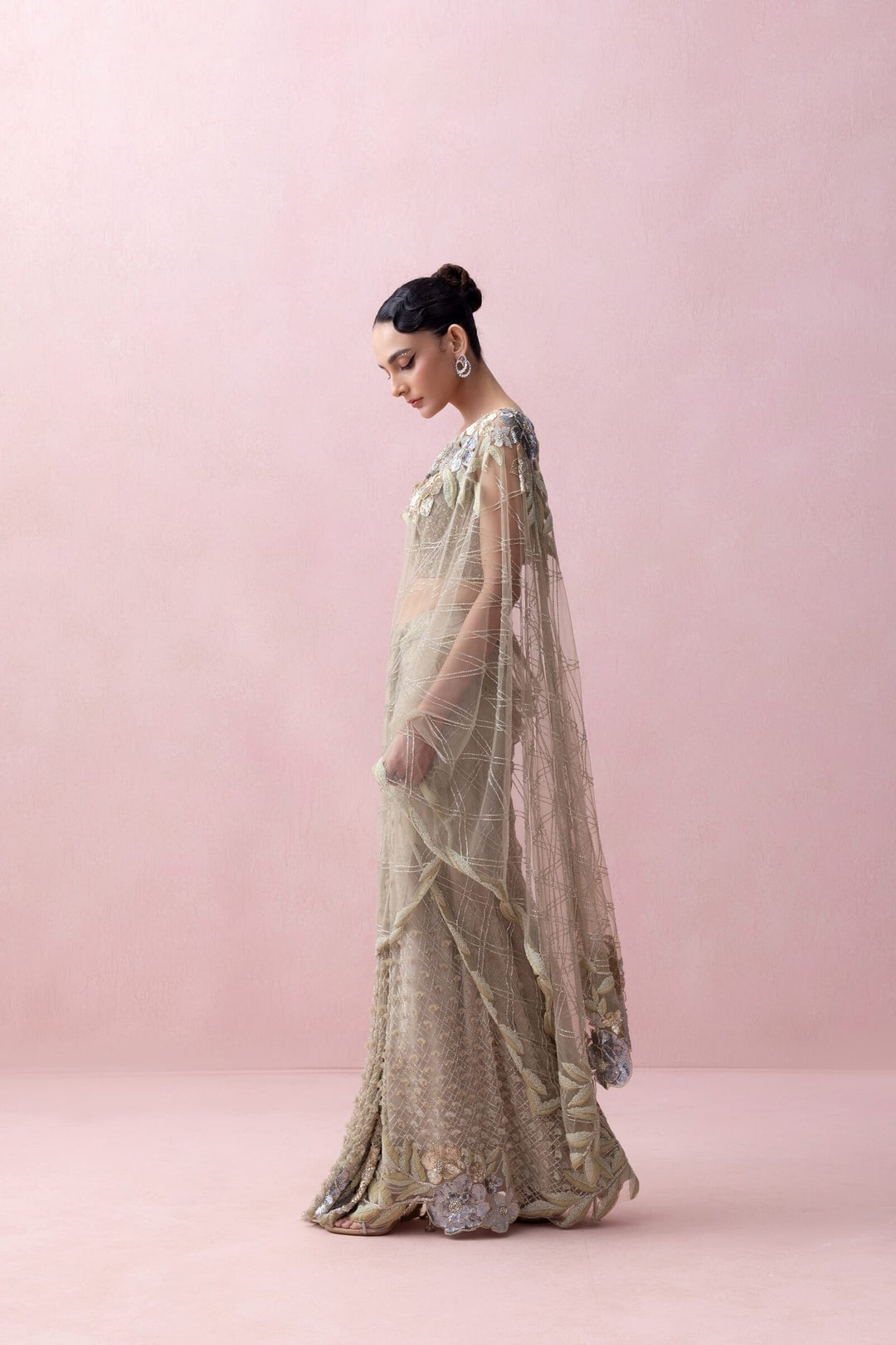 Sea Green Pre-stitched Saree With Rose Apllique And Corset Blouse