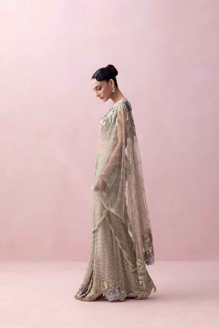 Sea Green Pre-stitched Saree With Rose Apllique And Corset Blouse