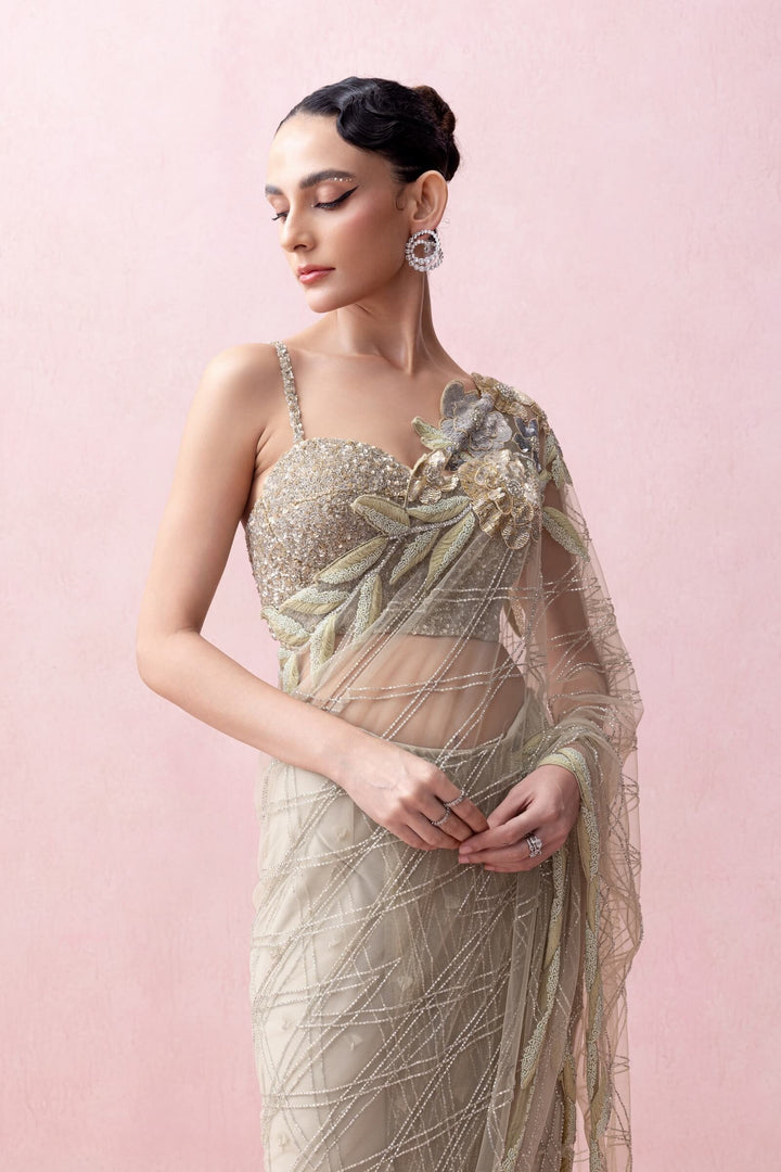 Sea Green Pre-stitched Saree With Rose Apllique And Corset Blouse