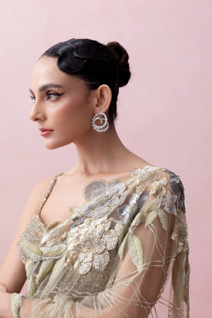 Sea Green Pre-stitched Saree With Rose Apllique And Corset Blouse