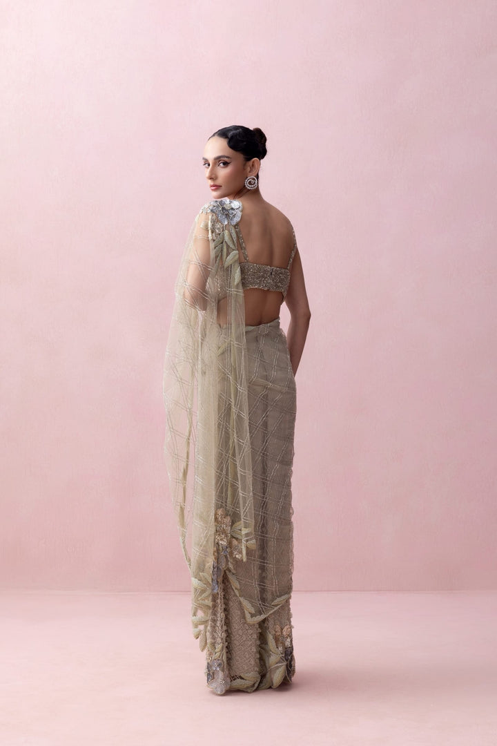 Sea Green Pre-stitched Saree With Rose Apllique And Corset Blouse