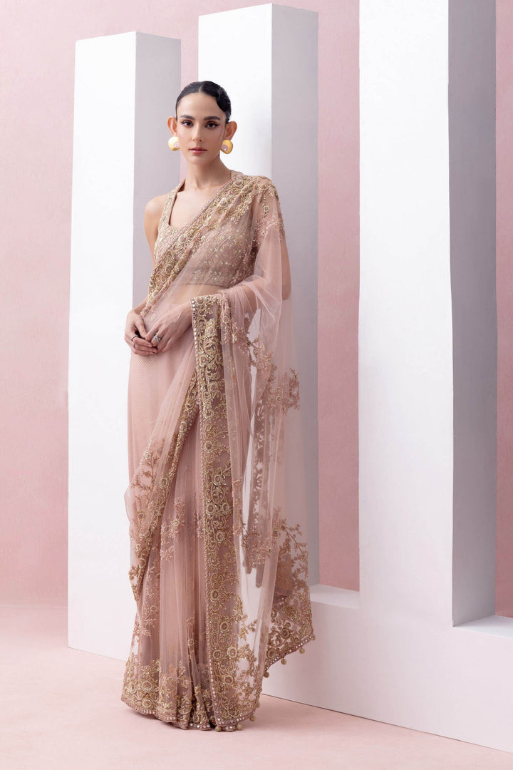 Peach Thread Work Pre-stitched Saree With Embroidered Razor Back Blouse