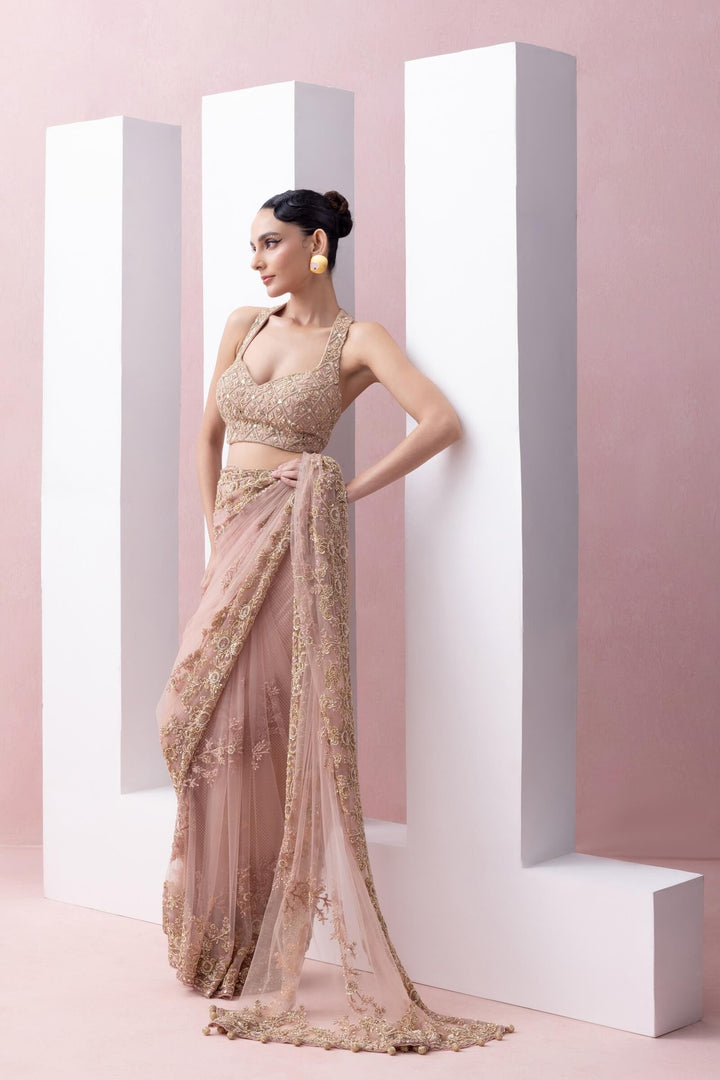 Peach Thread Work Pre-stitched Saree With Embroidered Razor Back Blouse