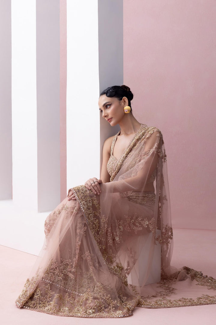 Peach Thread Work Pre-stitched Saree With Embroidered Razor Back Blouse