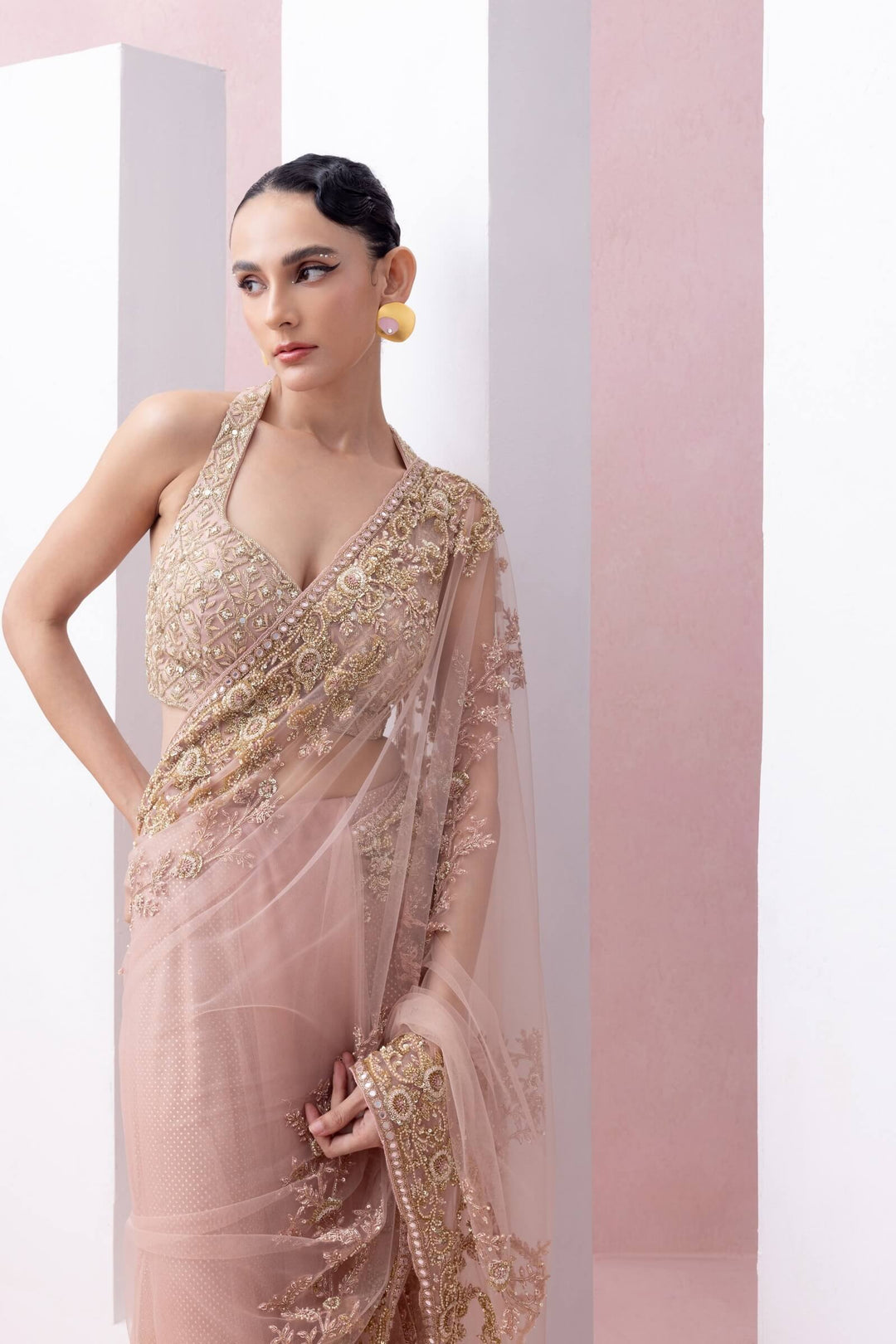 Peach Thread Work Pre-stitched Saree With Embroidered Razor Back Blouse