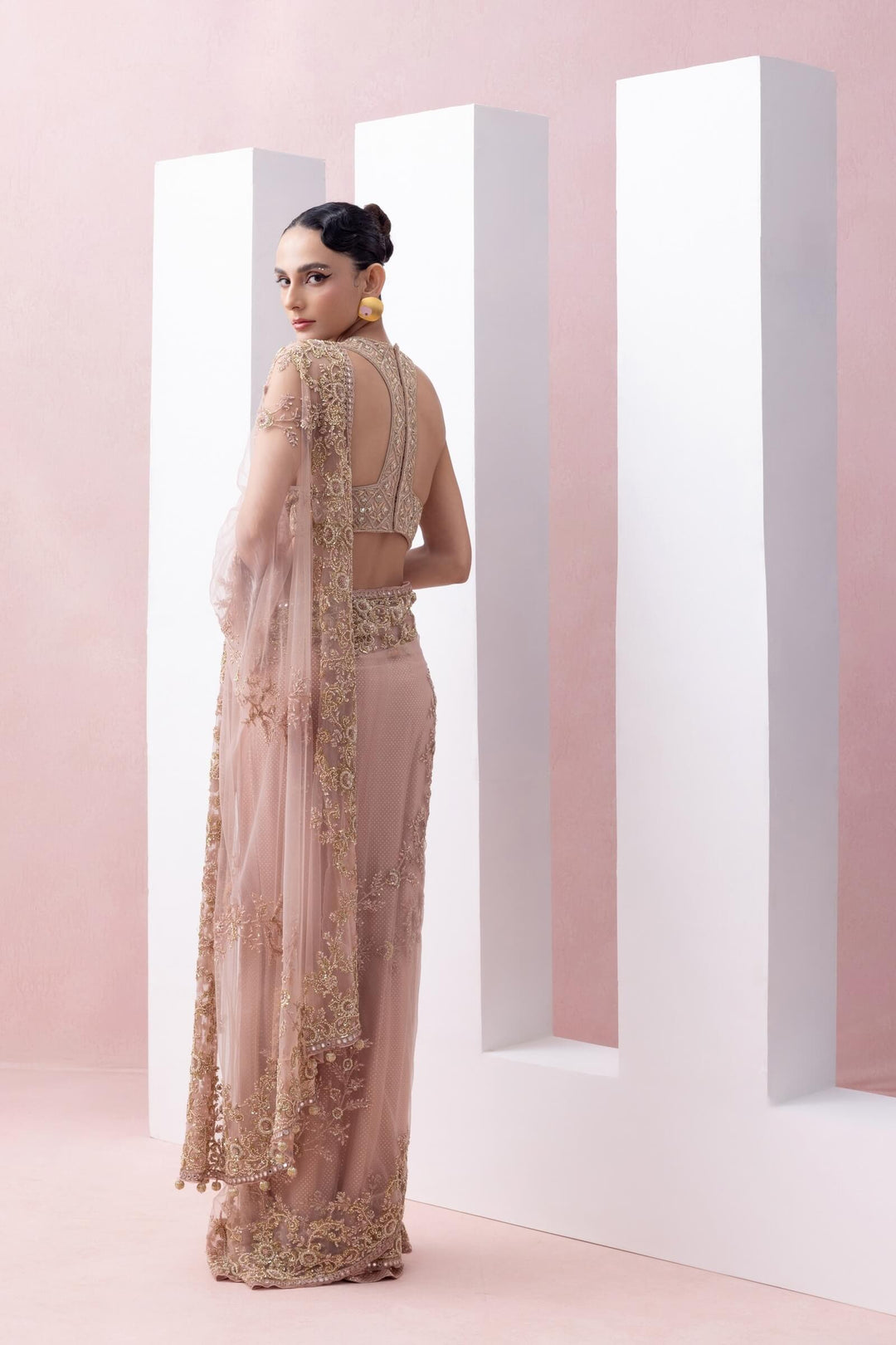 Peach Thread Work Pre-stitched Saree With Embroidered Razor Back Blouse