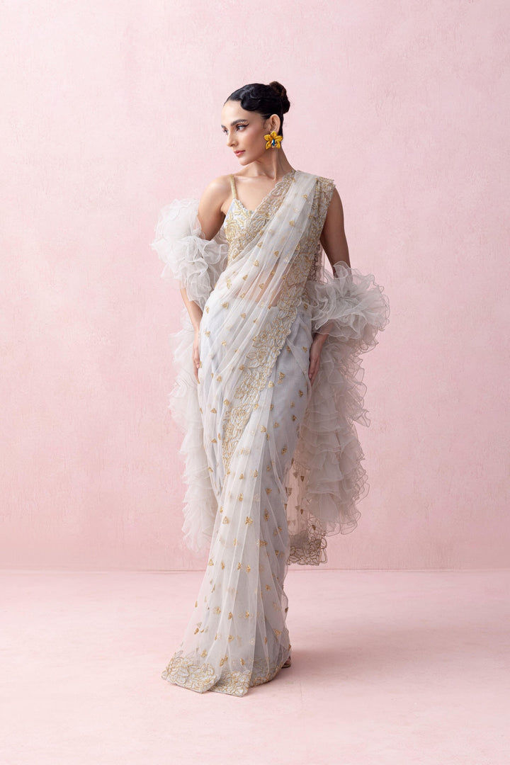 Ice Blue Saree With Organza Applique, Embroidered Blouse And Ruffled Stole