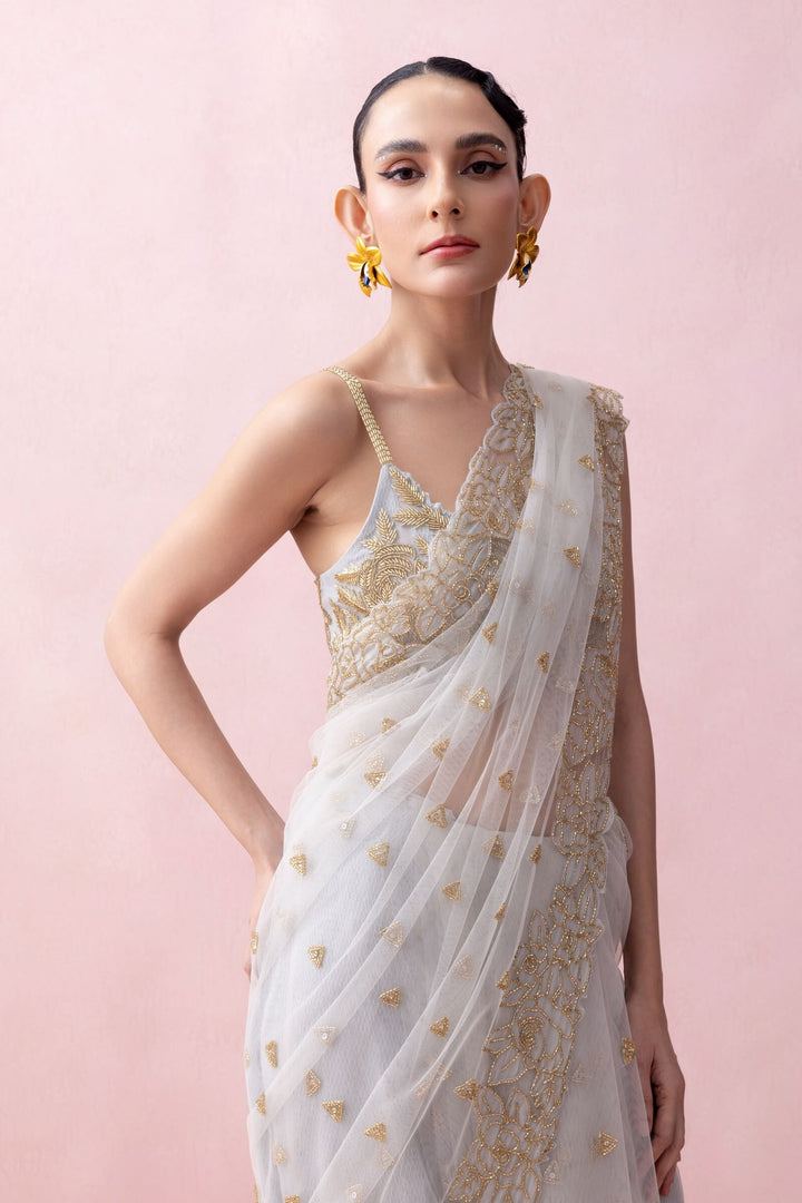 Ice Blue Saree With Organza Applique, Embroidered Blouse And Ruffled Stole