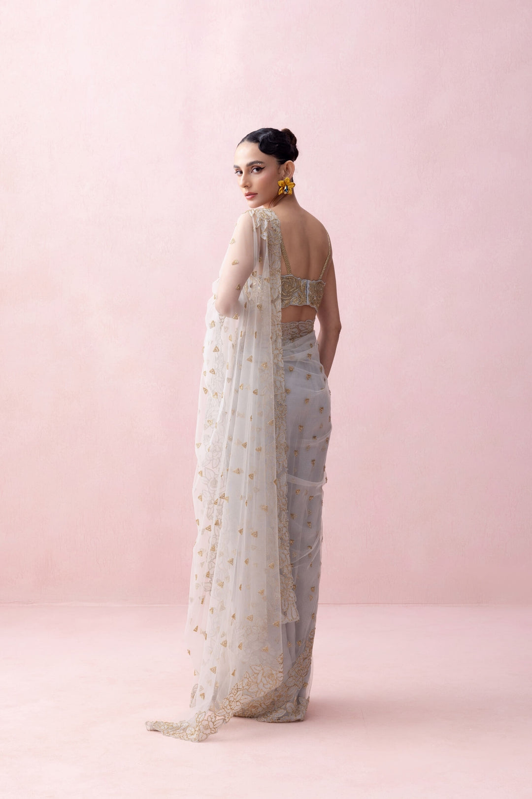 Ice Blue Saree With Organza Applique, Embroidered Blouse And Ruffled Stole