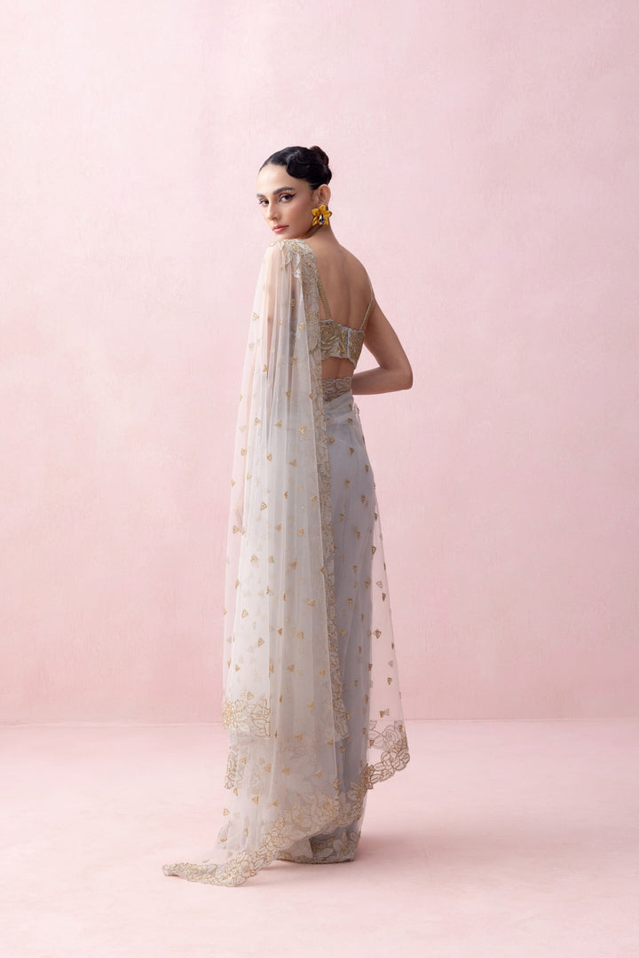 Ice Blue Saree With Organza Applique, Embroidered Blouse And Ruffled Stole