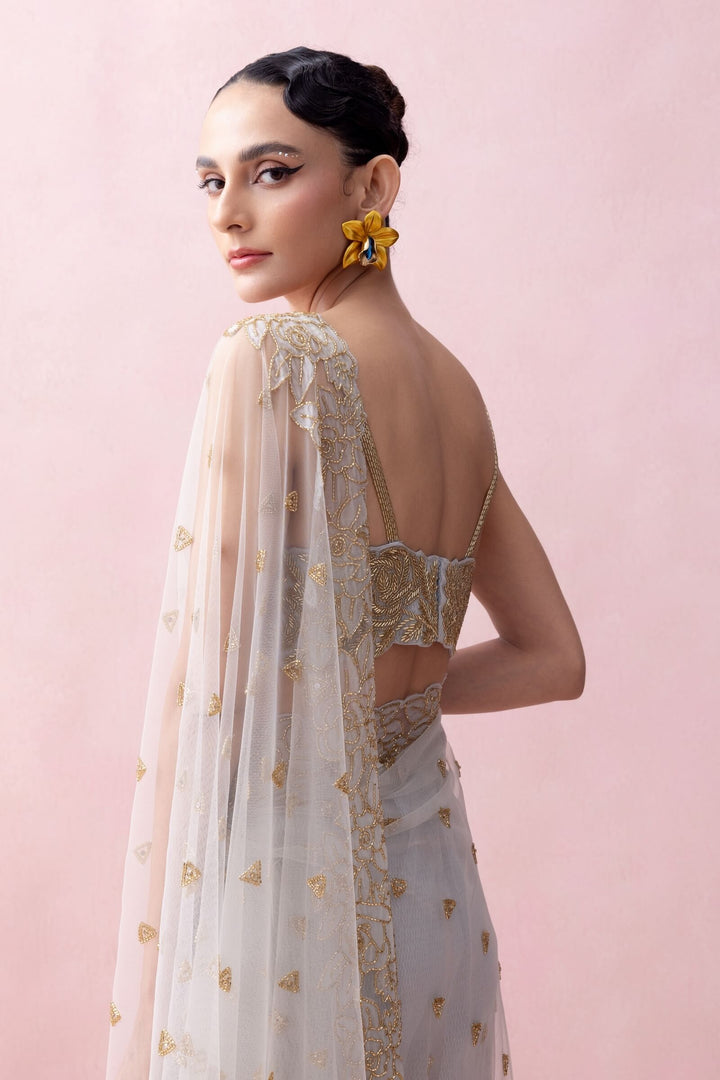 Ice Blue Saree With Organza Applique, Embroidered Blouse And Ruffled Stole