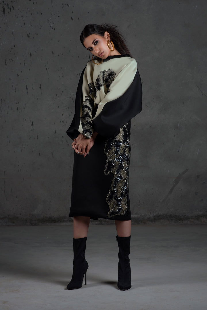 Black And Oyster Bouffant Sleeve Top With Embroidered Pencil Skirt