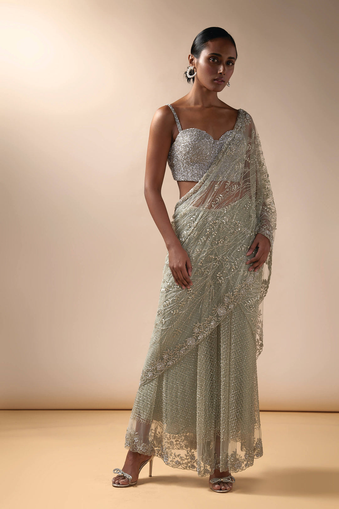 Grid Work Sharara Saree With Crystal Aanchal And Corset Blouse (Mint)