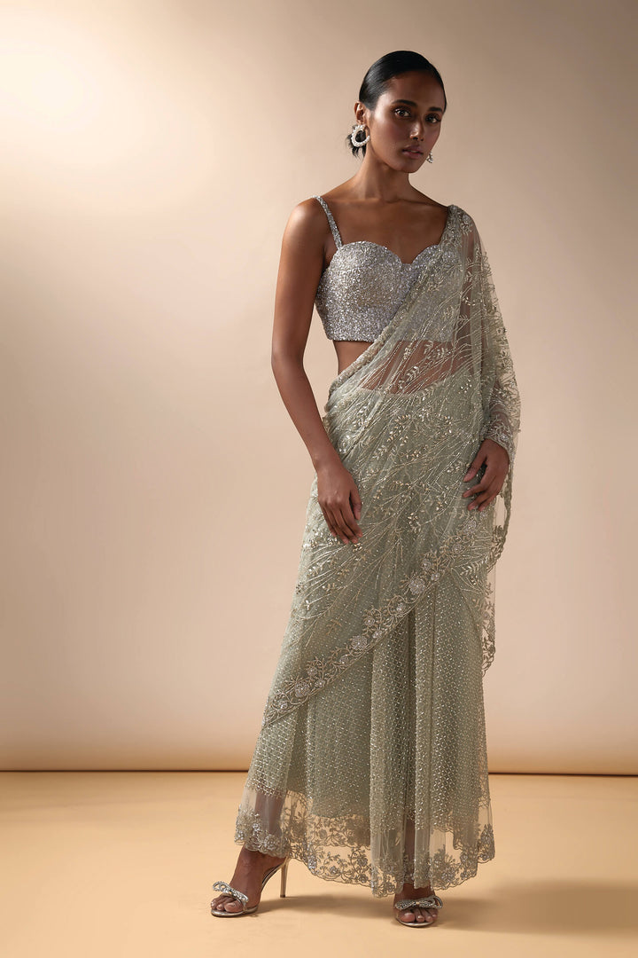 Grid Work Sharara Saree With Crystal Aanchal And Corset Blouse (Mint)