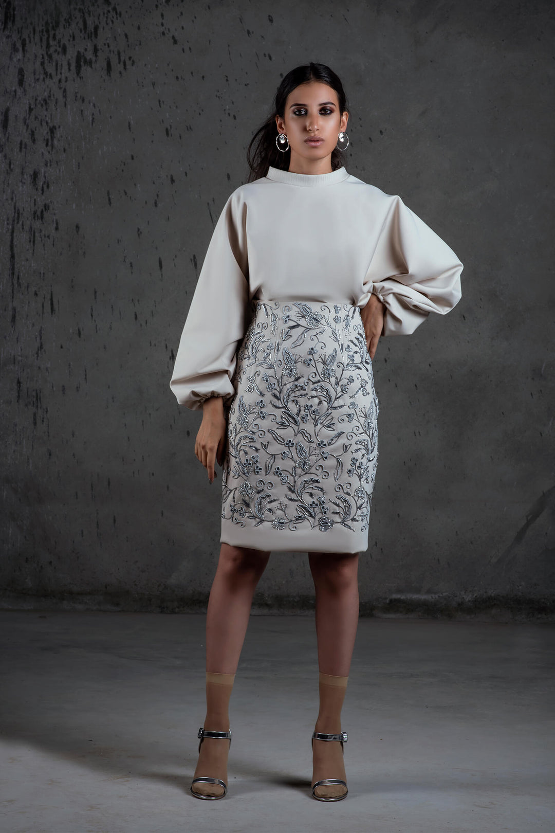 Oyster Top With Bouffant Sleeves/ Embroidered Midi Skirt