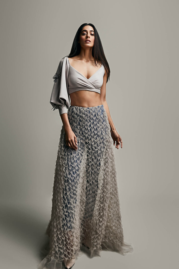 Smocked Skirt With Attached Denims And Hand Embroidered One Sleeve Blouse