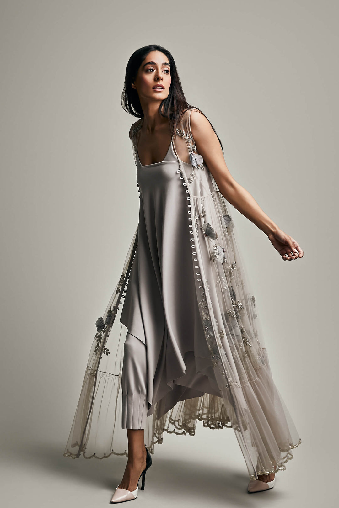 Hand Embroidered Tiered Tulle Jacket With Pegged Pants And Asymmetrical Slip Dress