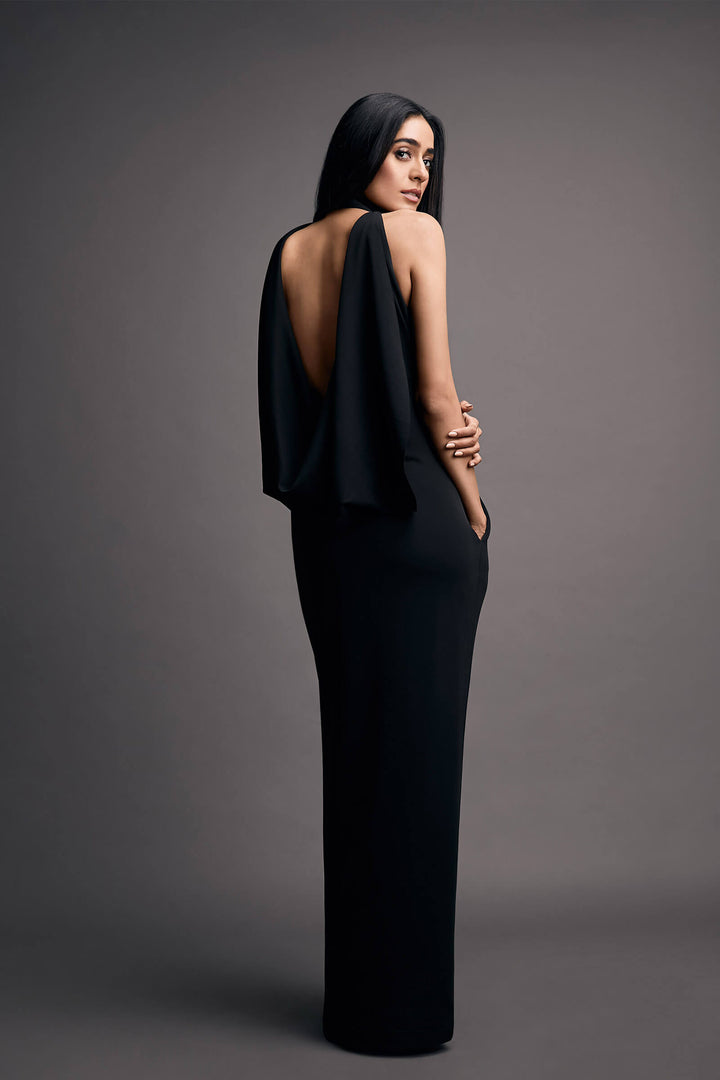Black Halter Column Gown With Cowl Back