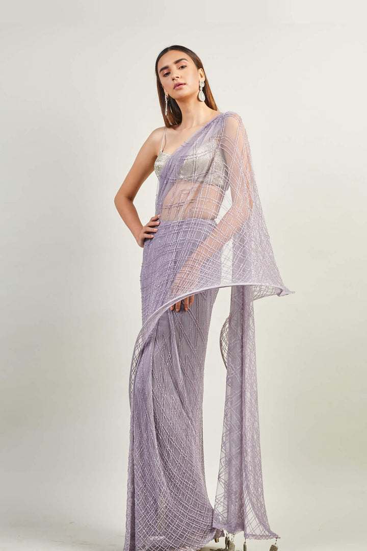 Lavender Geometric Pre-Stitched Saree With Structured Aanchal And Embroidered Blouse