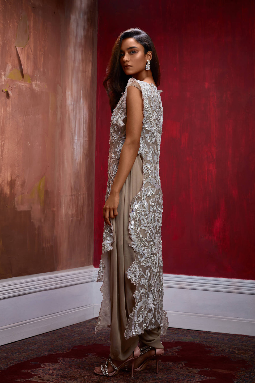 Nude Organza Cutwork Panelled Tunic With Draped Jumpsuit