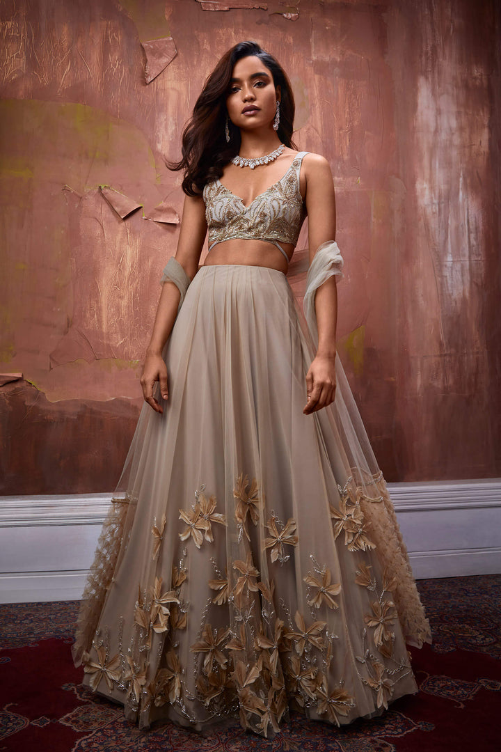 Nude Lehenga With 3d Flower Embroidery, Tie Up Blouse And Smocked Stole