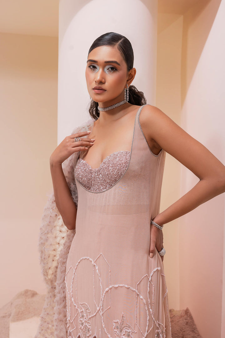 Burnt Pink Cutwork Tunic With Corset And Smocked Stole