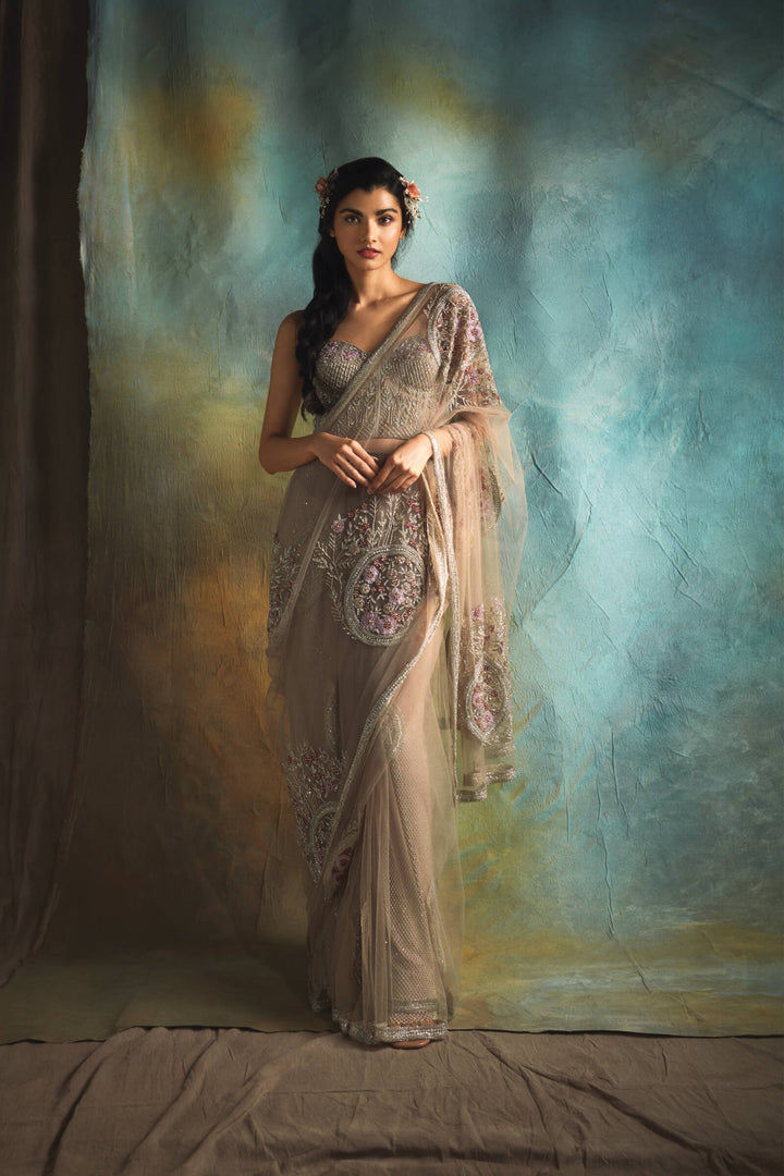 Tulle Saree With Geometric Embroidery And Corset Blouse