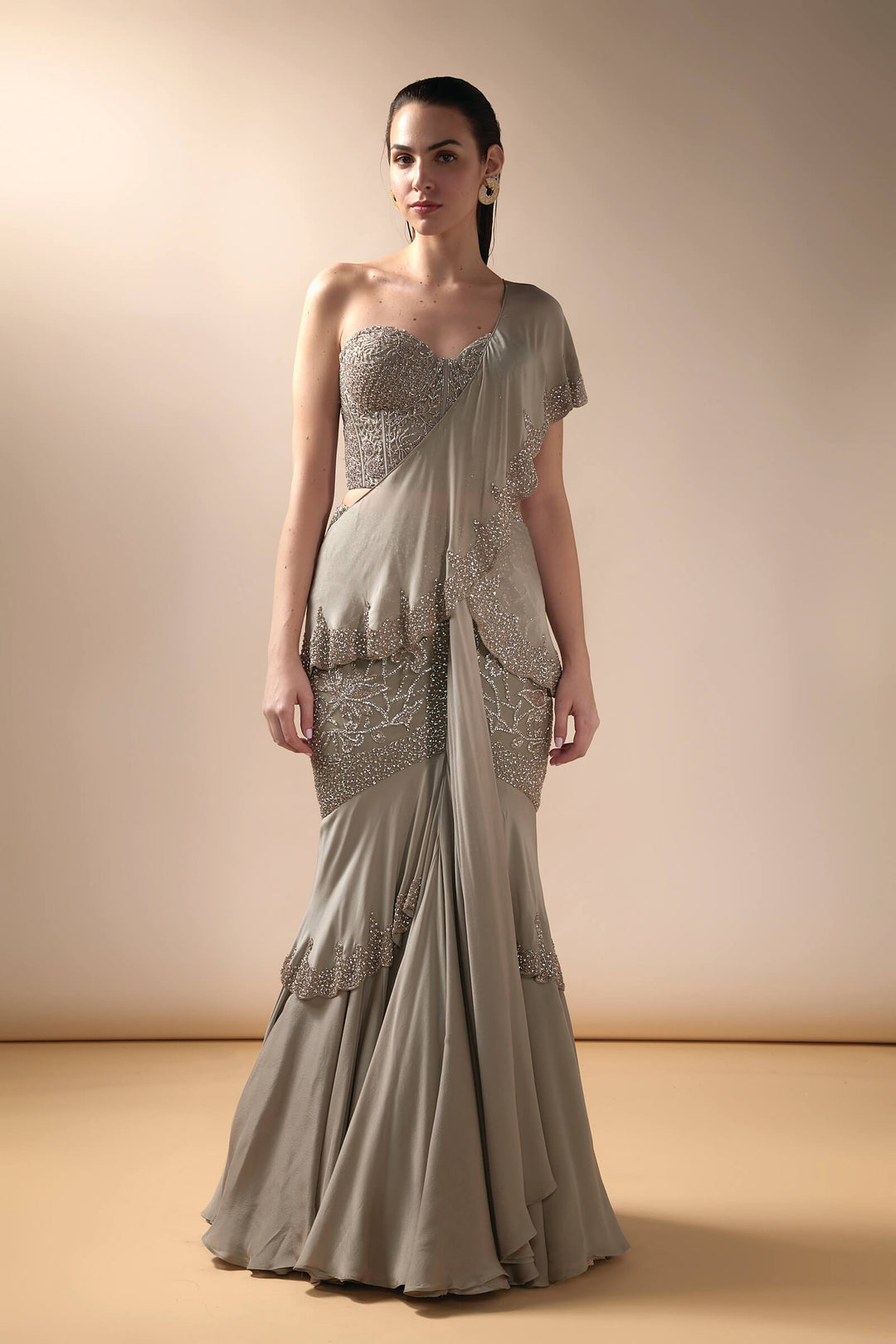 Grey Fishtail Saree With Embellished Corset