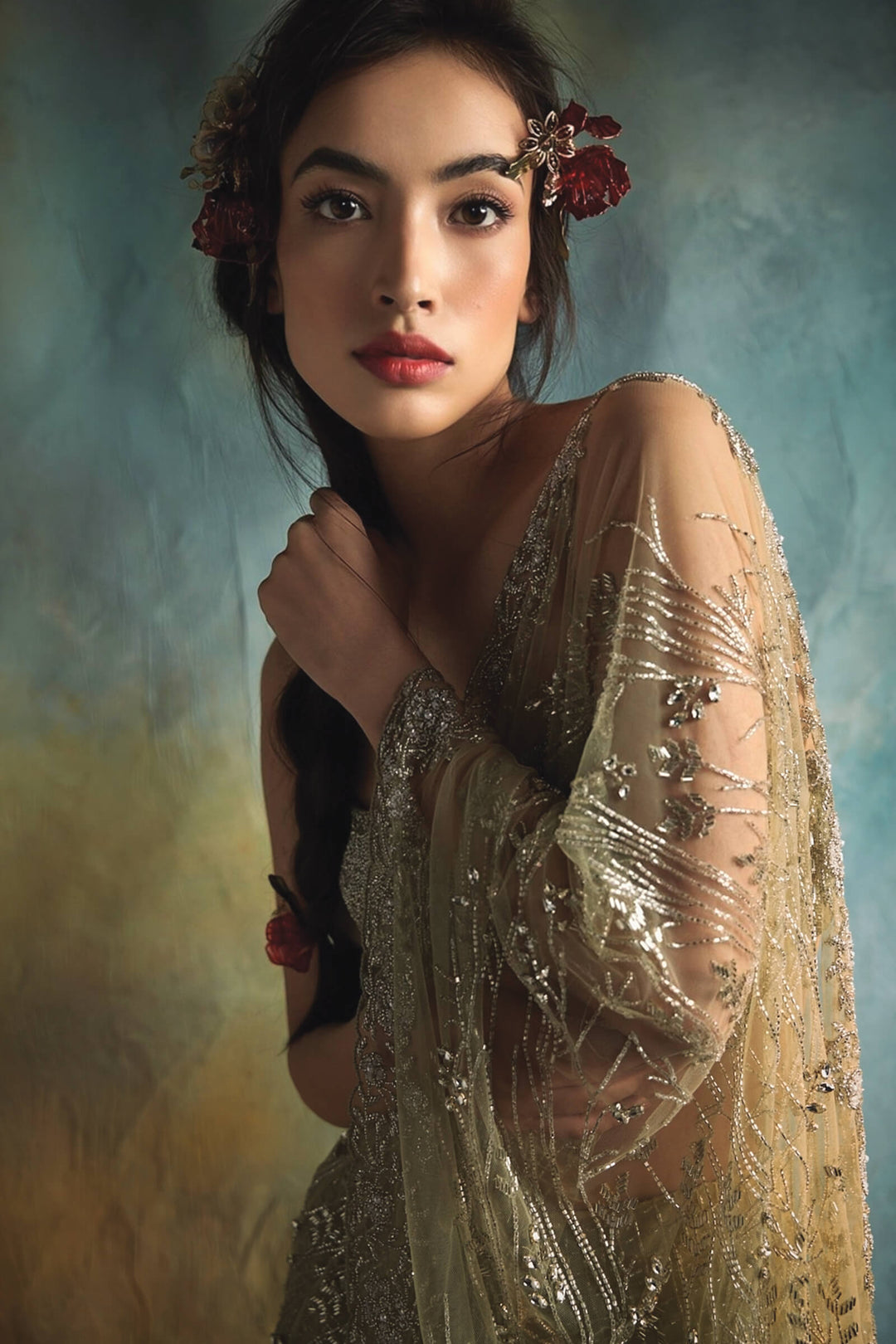 Grid Work Sharara Saree With Crystal Aanchal And Beaded Blouse (Moss)