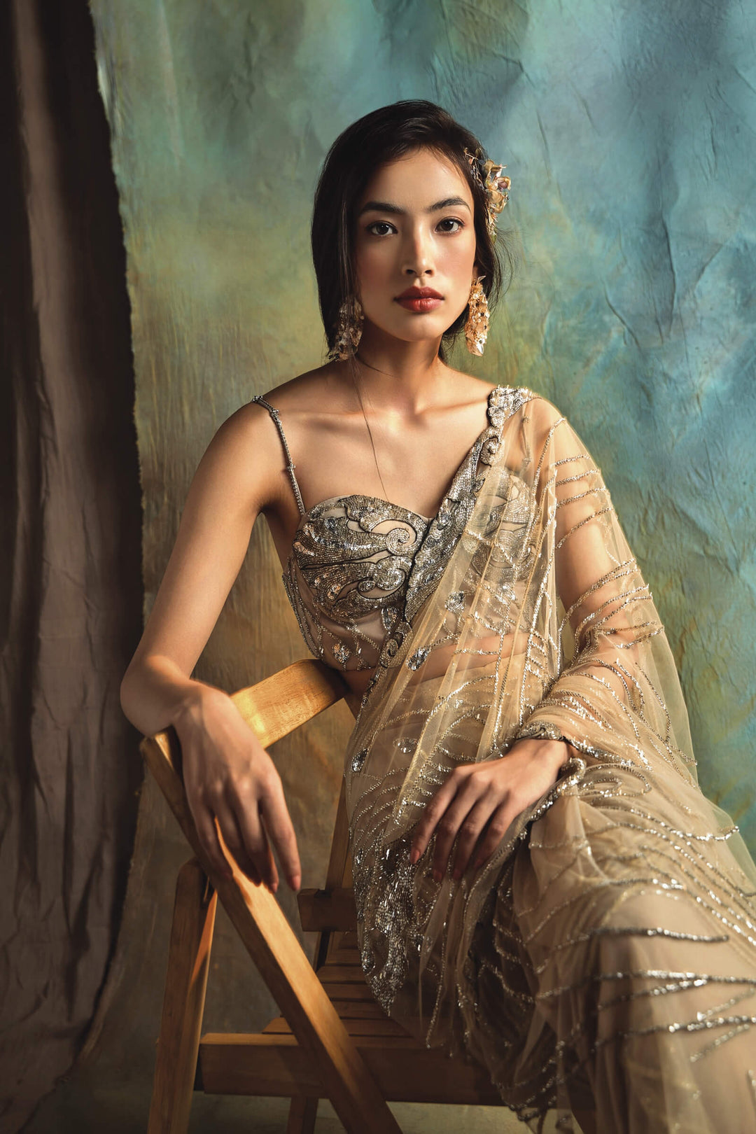Latte Saree With Embellished Corset