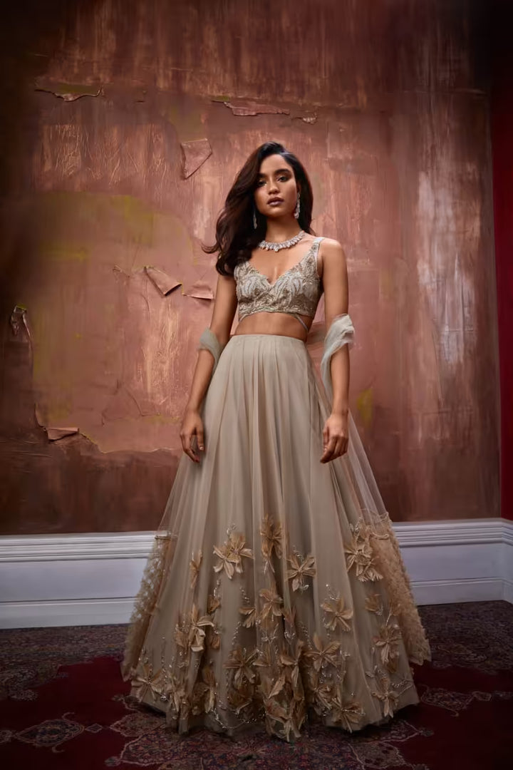 Nude 3D Flower Embroidered Lehenga Set