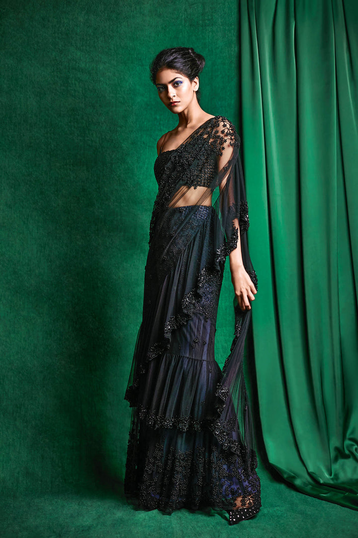 Black Beaded Tiered Saree With Embroidered Blouse.