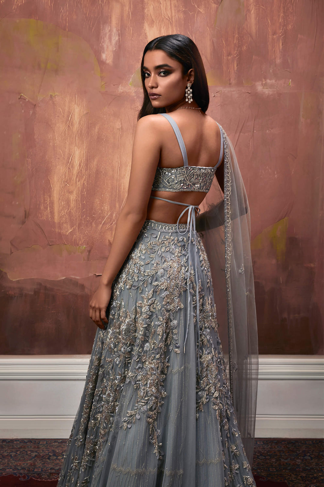 Powder Blue Layered Lehenga With Tie Up Blouse And Tulle Dupatta
