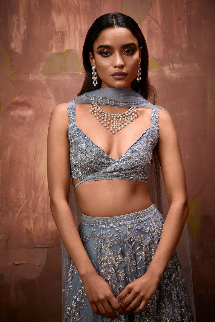 Powder Blue Layered Lehenga With Tie Up Blouse And Tulle Dupatta