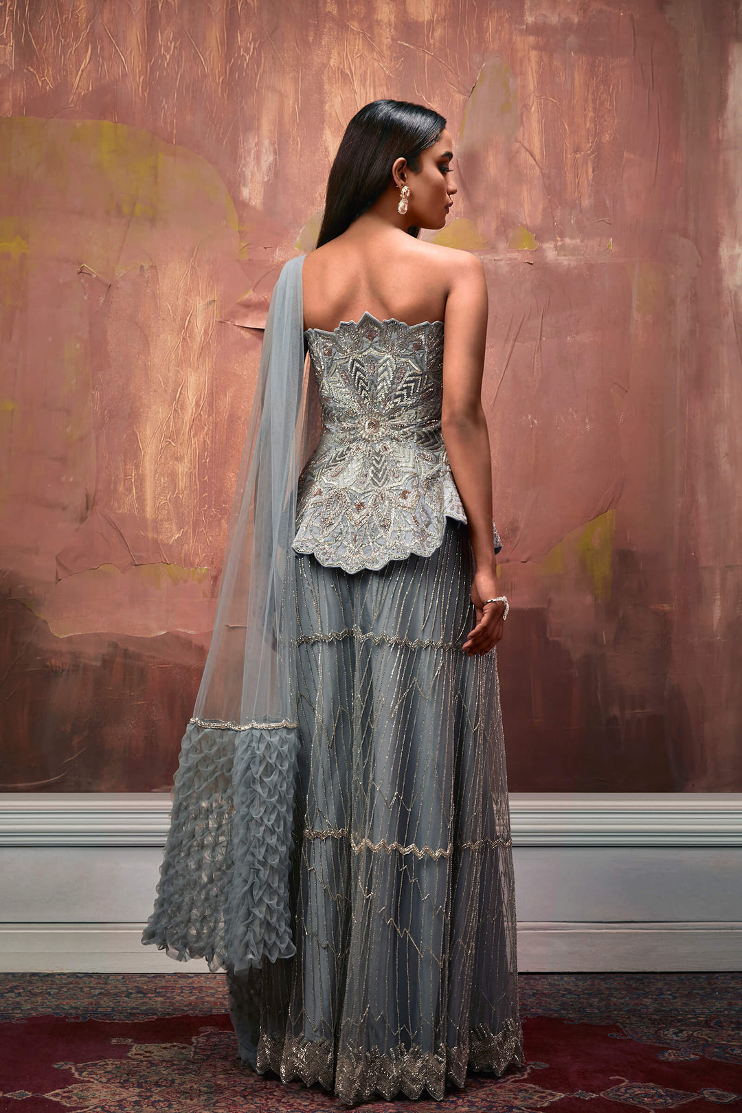 Powder Blue Hand Embroidered Corset With Palazzos And Smocked Stole