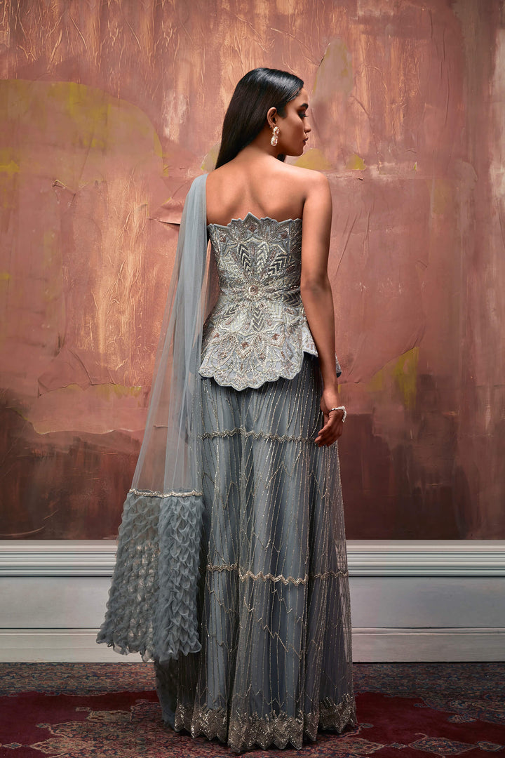 Powder Blue Hand Embroidered Corset With Palazzos And Smocked Stole