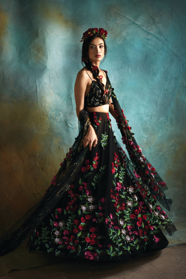 Black Petunia Lehenga With Beaded Blouse And Dupatta