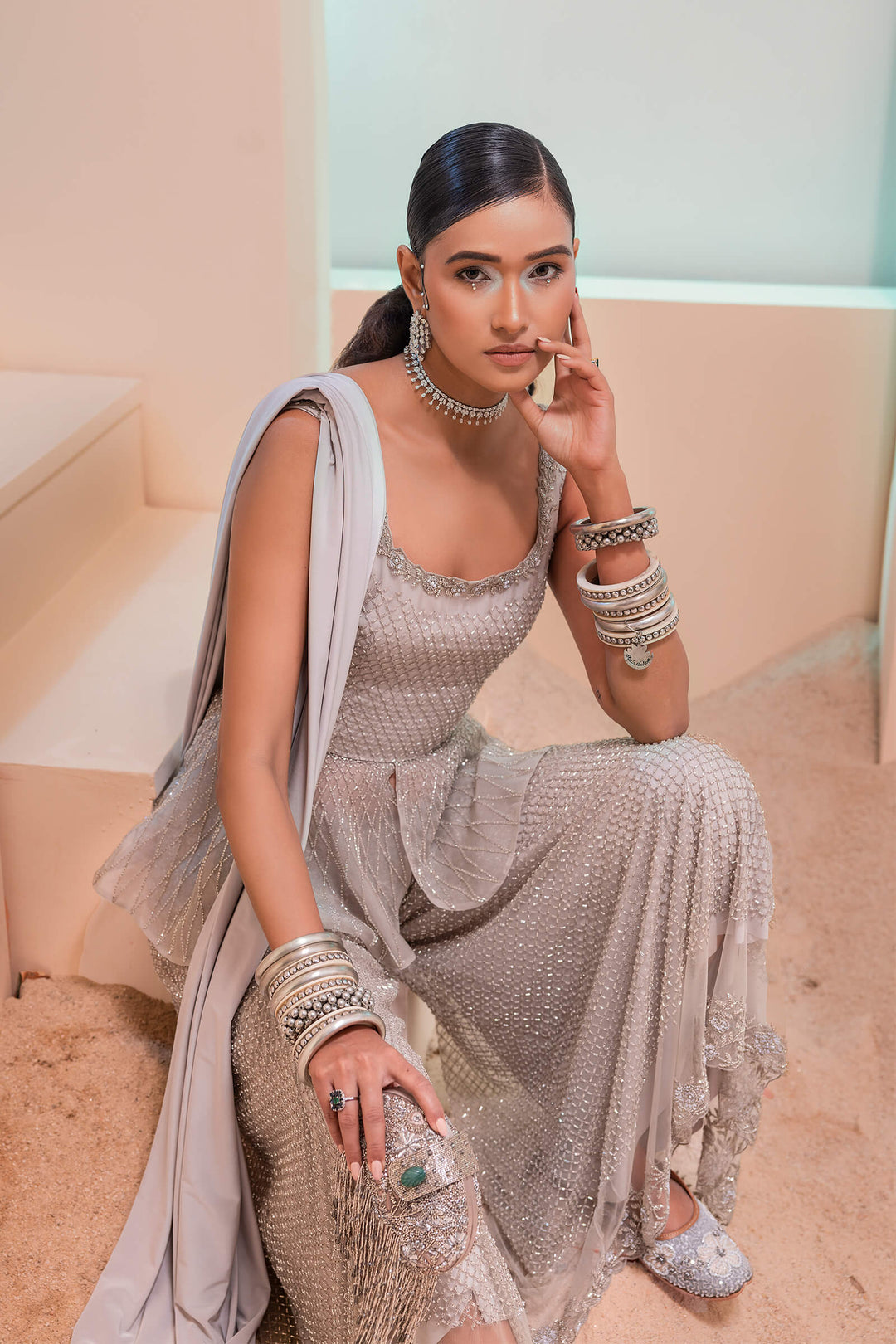 Steel Grey Grid Work Sharara With Organza Peplum And Jersey Stole