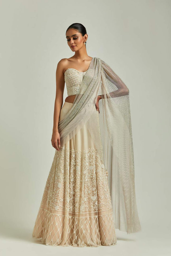 Cream Lehanga Saree With Rhinestone Aanchal And Cream Corset